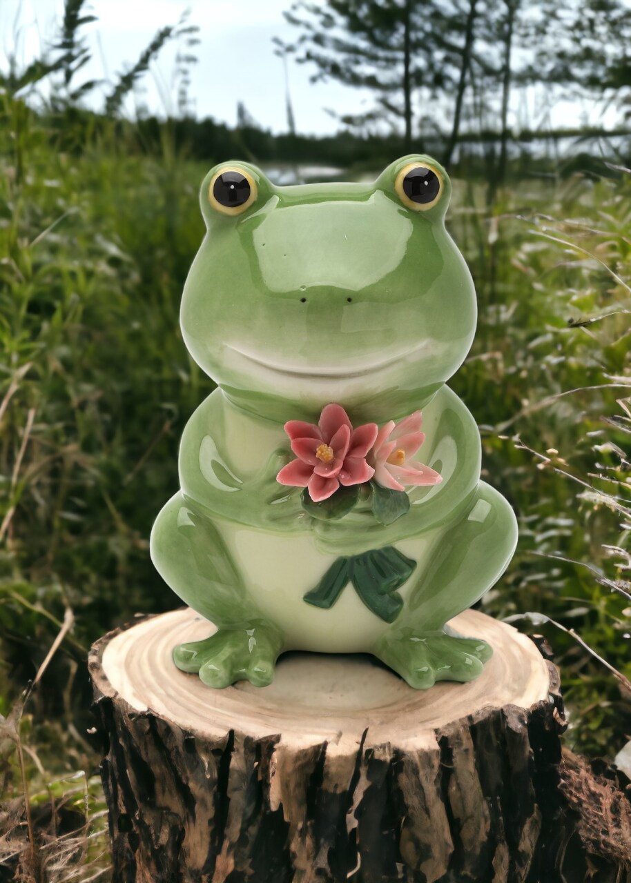 Ceramic Frog and Flowers Piggy Bank, Home D&#xE9;cor, Gift for Her, Mom, Spring D&#xE9;cor, Cottagecore, Nature Lover Gift
