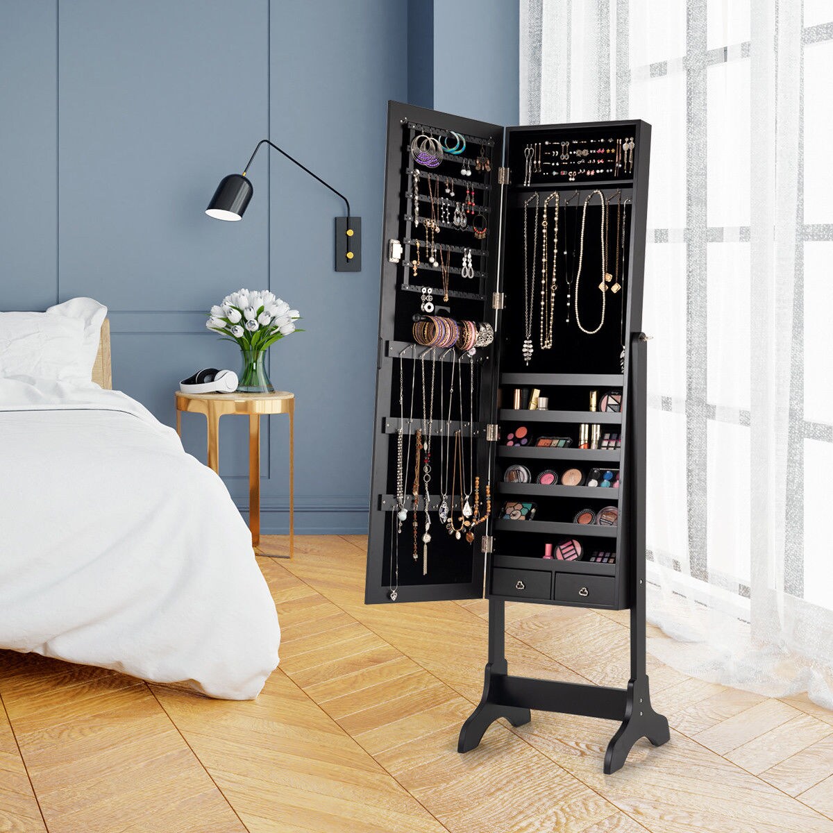 Jewelry Organizer Vanity Box W/ Full Length Mirror Black/ White