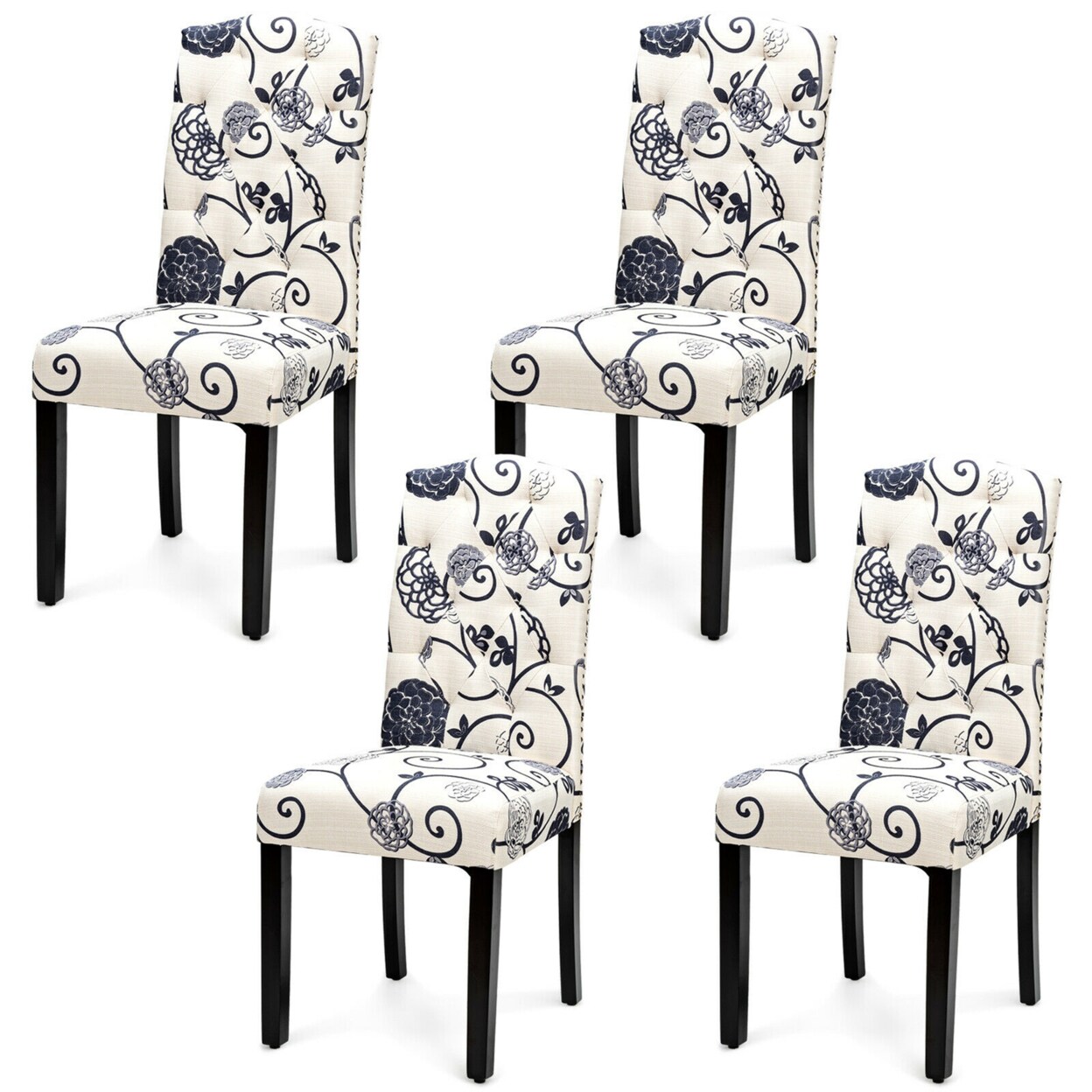 Gymax Set of 4 Tufted Dining Chair Upholstered Nailhead Trim Rubber Wooden Leg