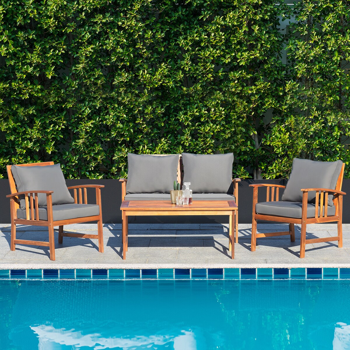 4Pcs Wooden Patio Furniture Set Table And Sectional Sofa Garden