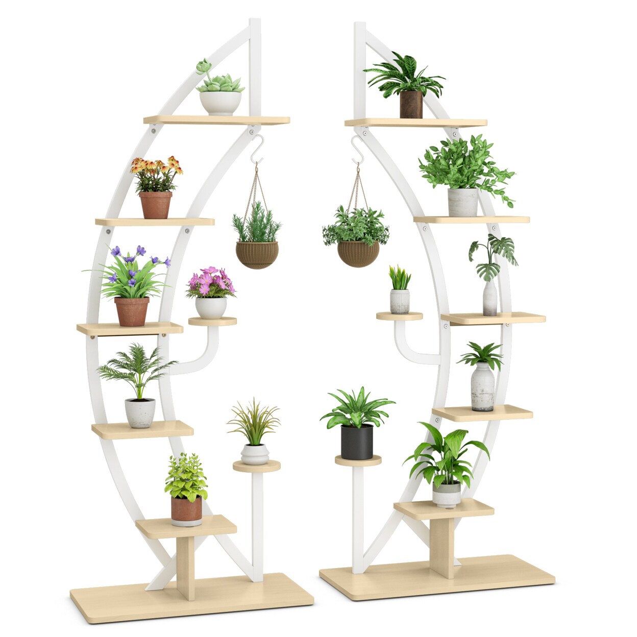 Gymax 2PCS 6 Tier Curved Stand 9 Potted Metal Plant Stand Holder Display Shelf w/ Hook