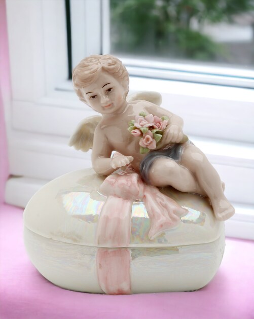 Ceramic Cherub Angel Trinket Box, Religious D&#xE9;cor, Religious Gift, Church D&#xE9;cor, Church Gift, Baptism Gift, Vanity Decor, Vintage Decor