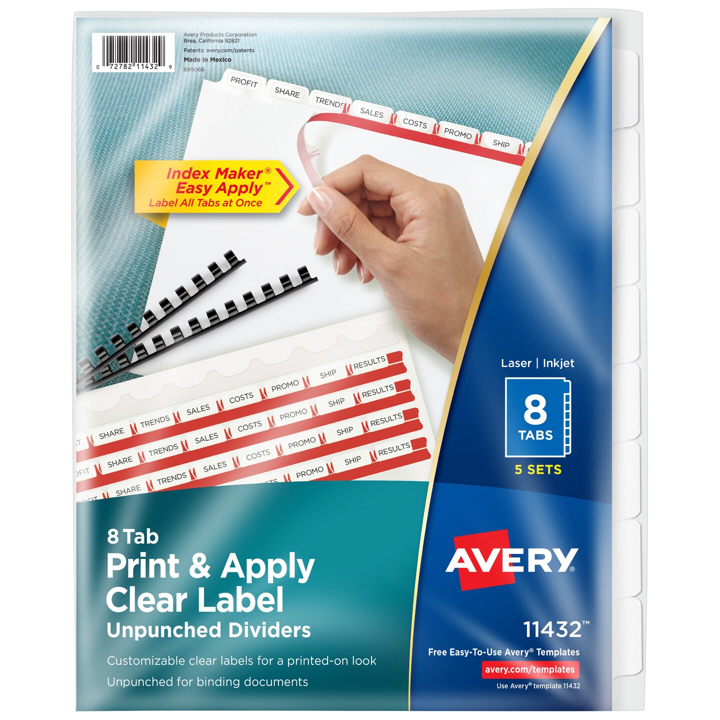 Avery 8 Tab Unpunched Dividers for Use with Any Binding System, Easy Print &#x26; Apply Clear Label Strip, Index Maker Customizable White Tabs, 5 Sets (11432)