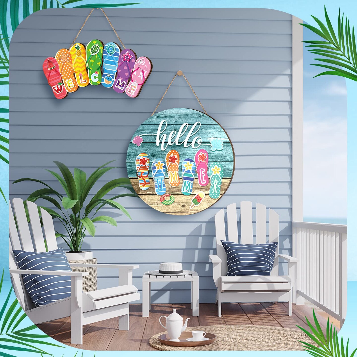 Glenmal 2 Pcs Hello Summer Door Sign Summer Slippers Hanging Sign Welcome Summer Door Decor Flip Flop Wooden Hanging for Indoor Outdoor Decor