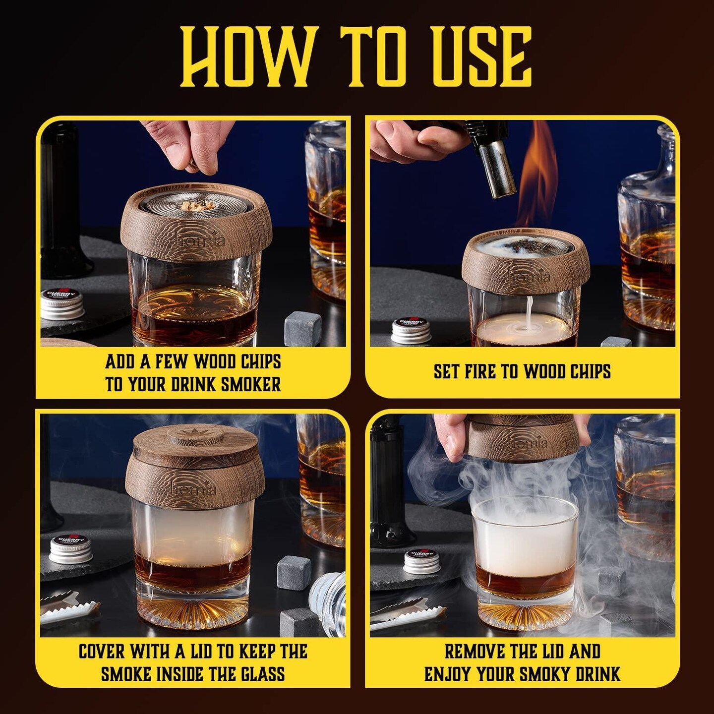 homia Whiskey Gift Set 14 pcs  Whiskey Bottle and Old Fashioned Glasses  2 pcs Cocktail Smoker in Wodden Box with Wood Chips Whickey Stones 6 pcs included  Gift for Men (Torch Not included)