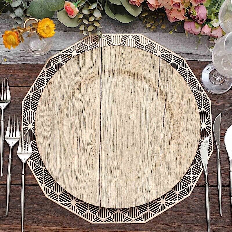 NATURAL 6 Round 13&#x22; Rustic Faux Wood Plastic CHARGER PLATES