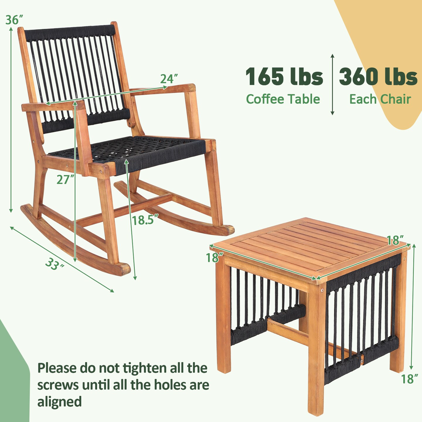 3 Pieces Acacia Wood Rocking Bistro Set with Hand-Woven Plastic Rope