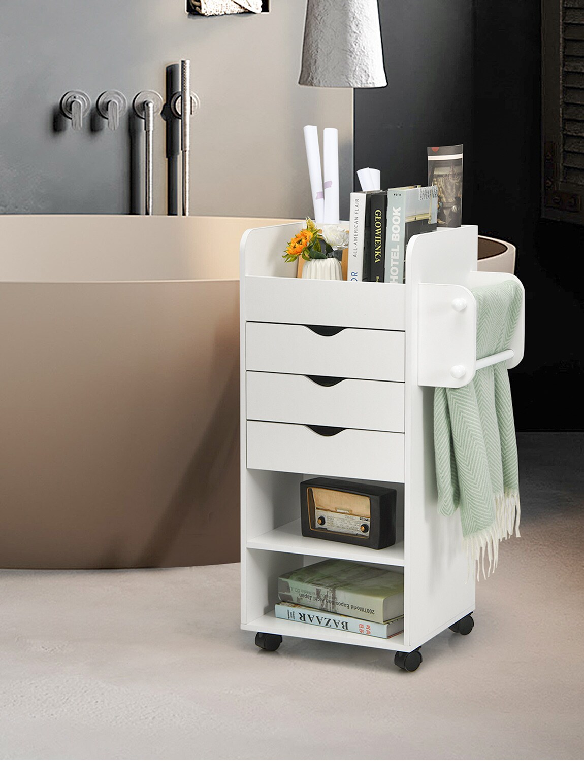 Wooden Utility Rolling Craft Storage Cart With Lockable Casters-white