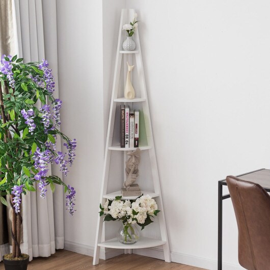 5 Tier Floor Corner Stand Ladder Shelves Bookshelf-white