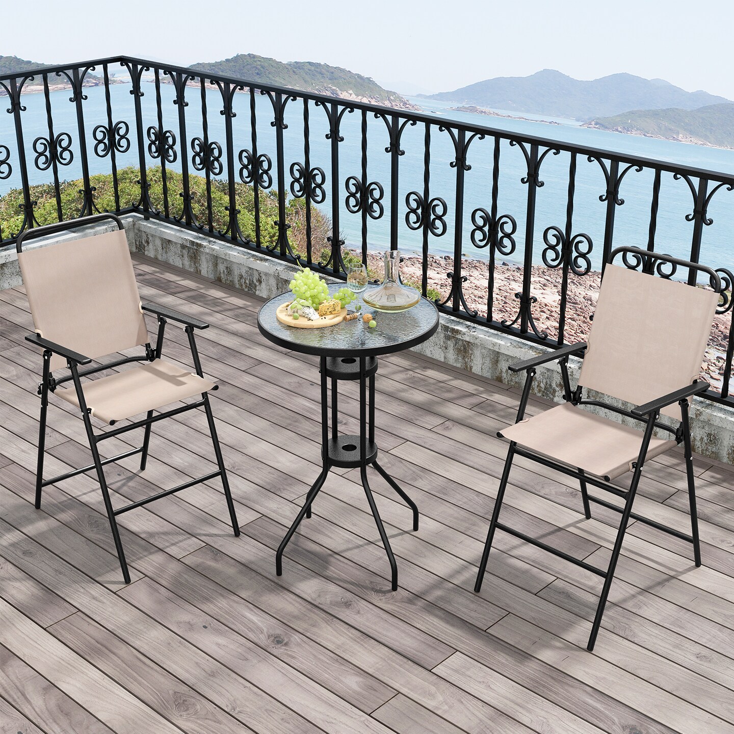Beige 3-Piece Outdoor Bar Table And Folding Chairs Tempered Glass Metal Fabric