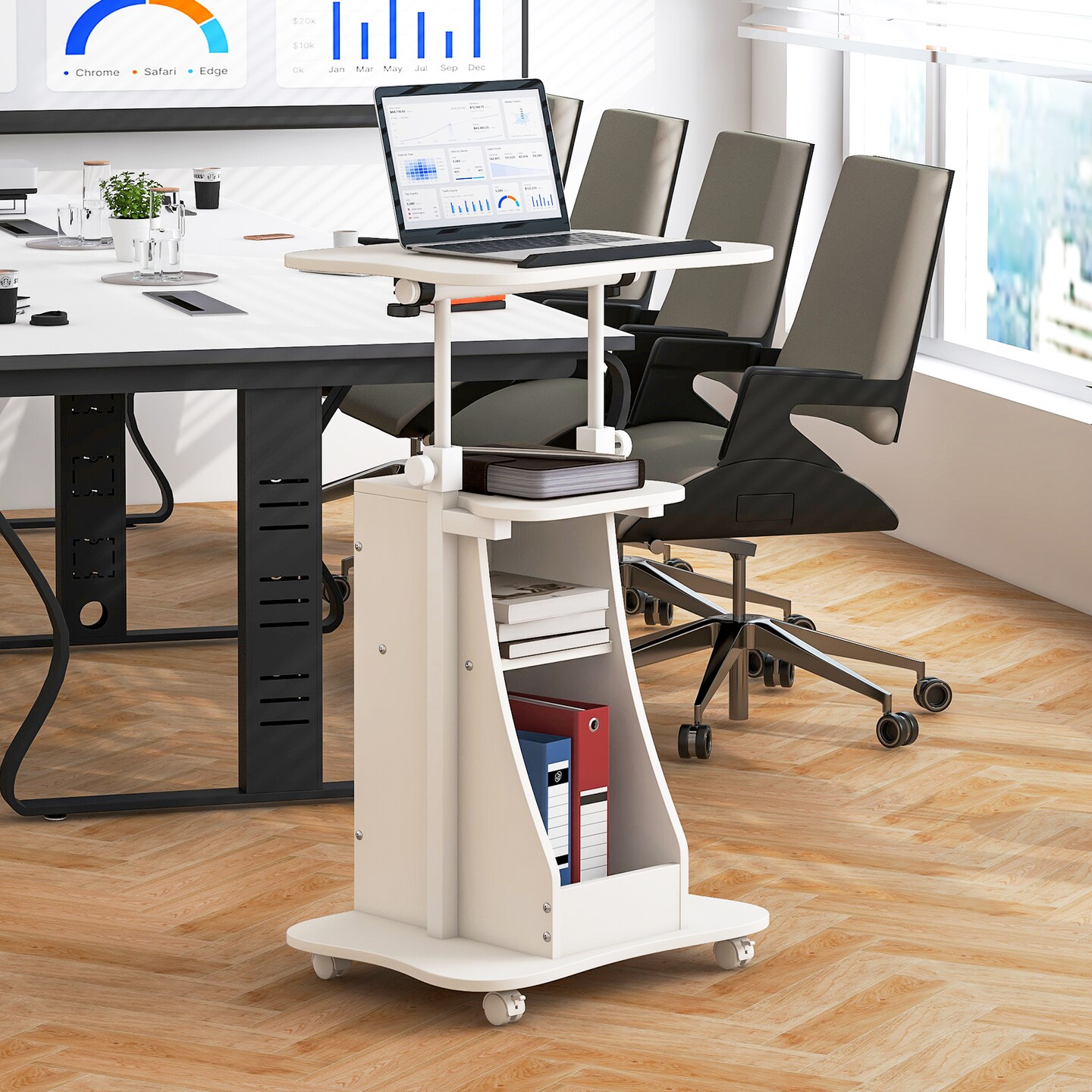 Mobile Podium Stand Height Adjustable Laptop Cart with Tilting Tabletop and Storage Compartments