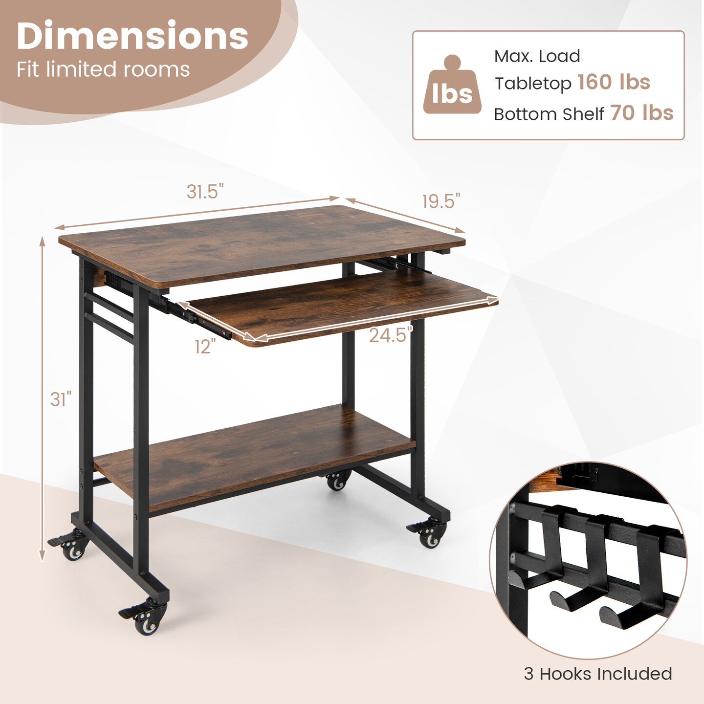 Home Office Computer Desk Cart With Pull-out Keyboard Tray