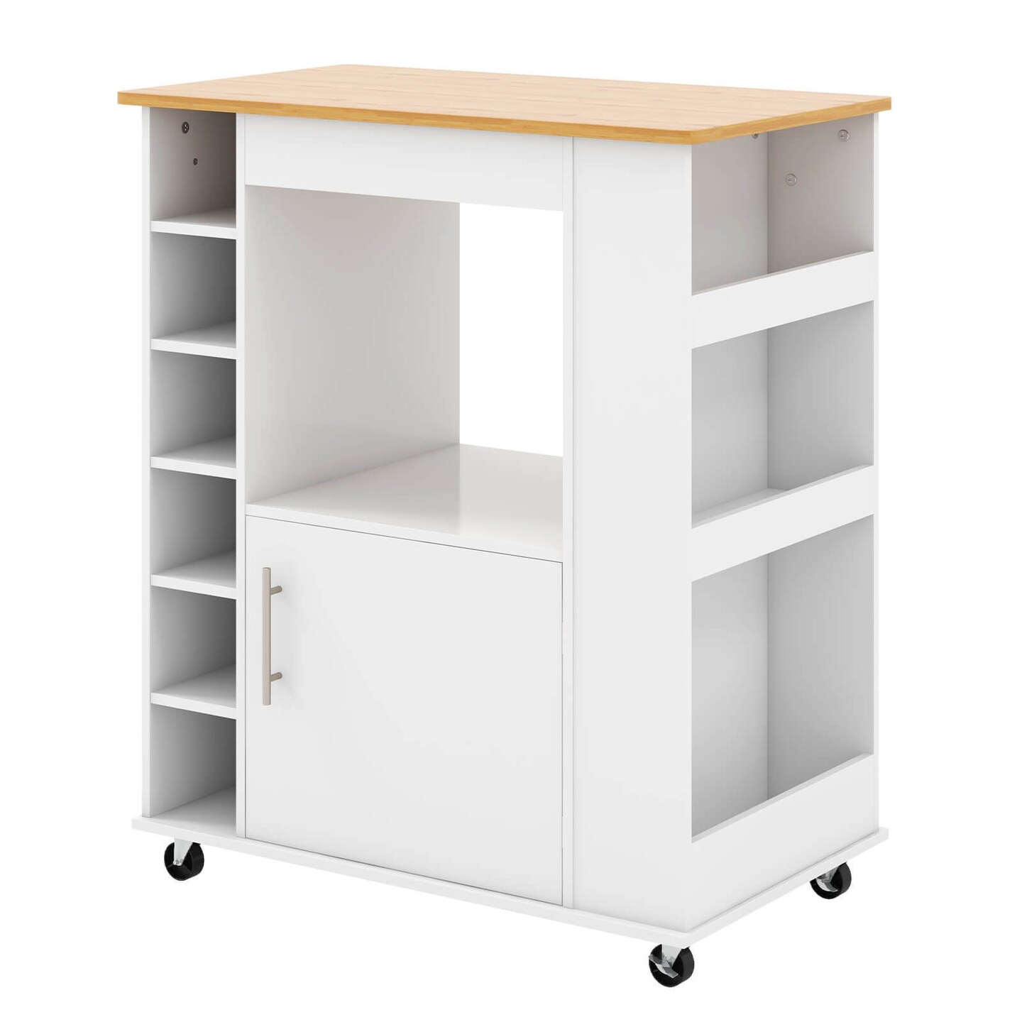 White Kitchen Cart On Wheels With Wicker Top And 6-Bottle Wine Rack Perfect for Home