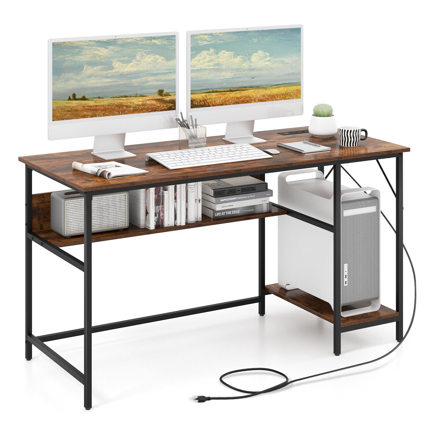 55 Inches Computer Desk With Charging Station-Brown