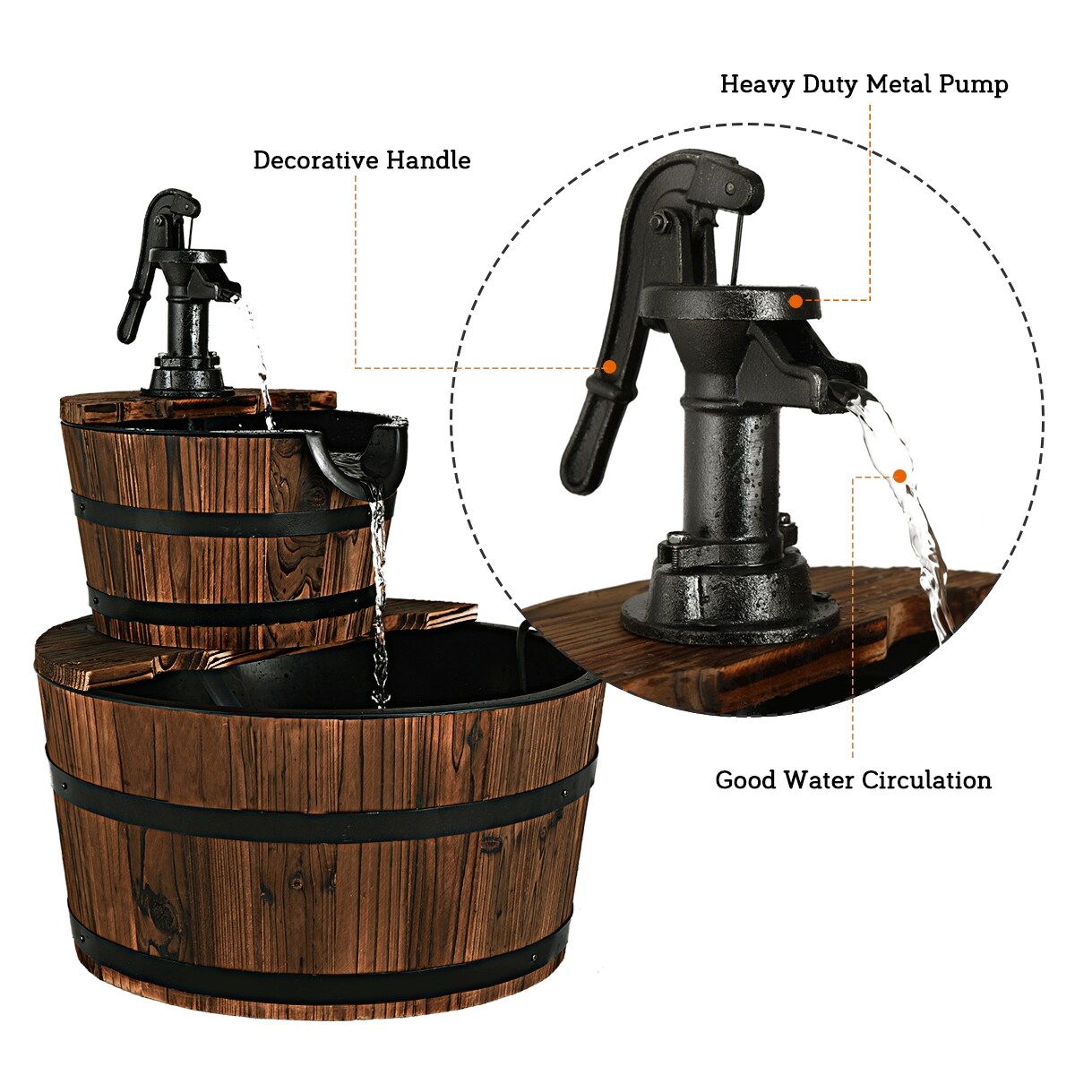 Brown Wood Water Pump Fountain Fir Wood Powder-Coated Iron Indoor Outdoor