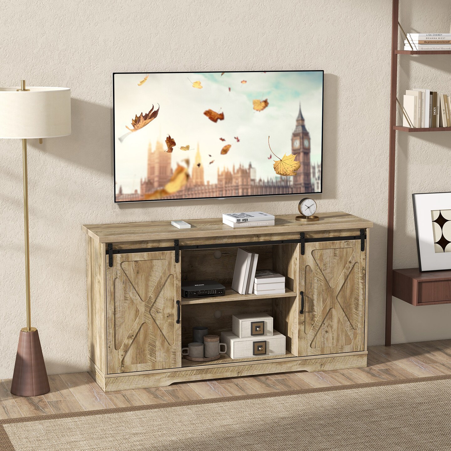 Farmhouse Tv Stand Entertainment Center With Adjustable Shelves And Storage Cabinet
