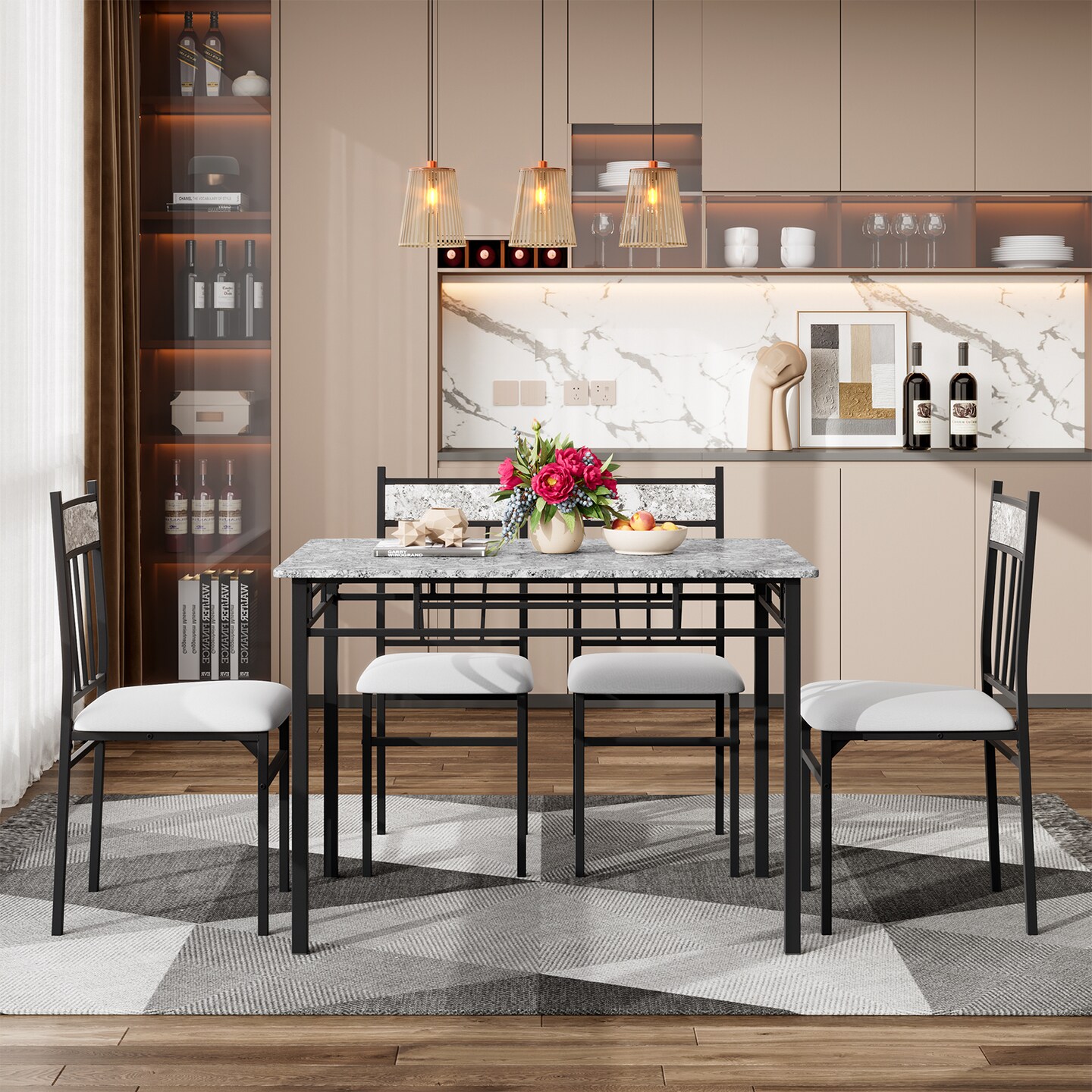 5 Pieces Faux Marble Dining Set Table