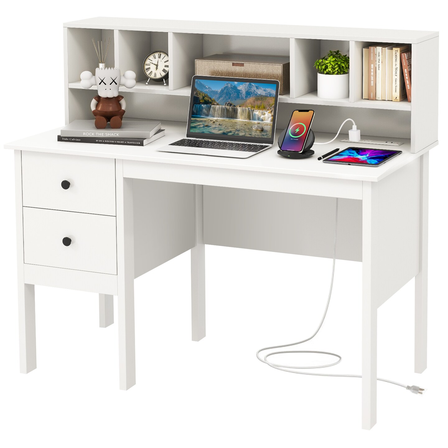White Engineered Wood Desk with Storage Drawers USB Ports and Hutch