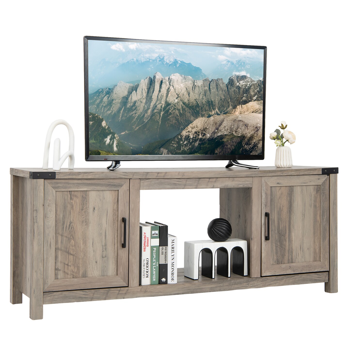Natural Wooden TV Stand with Height Adjustable Shelves and 2 Storage Cabinets