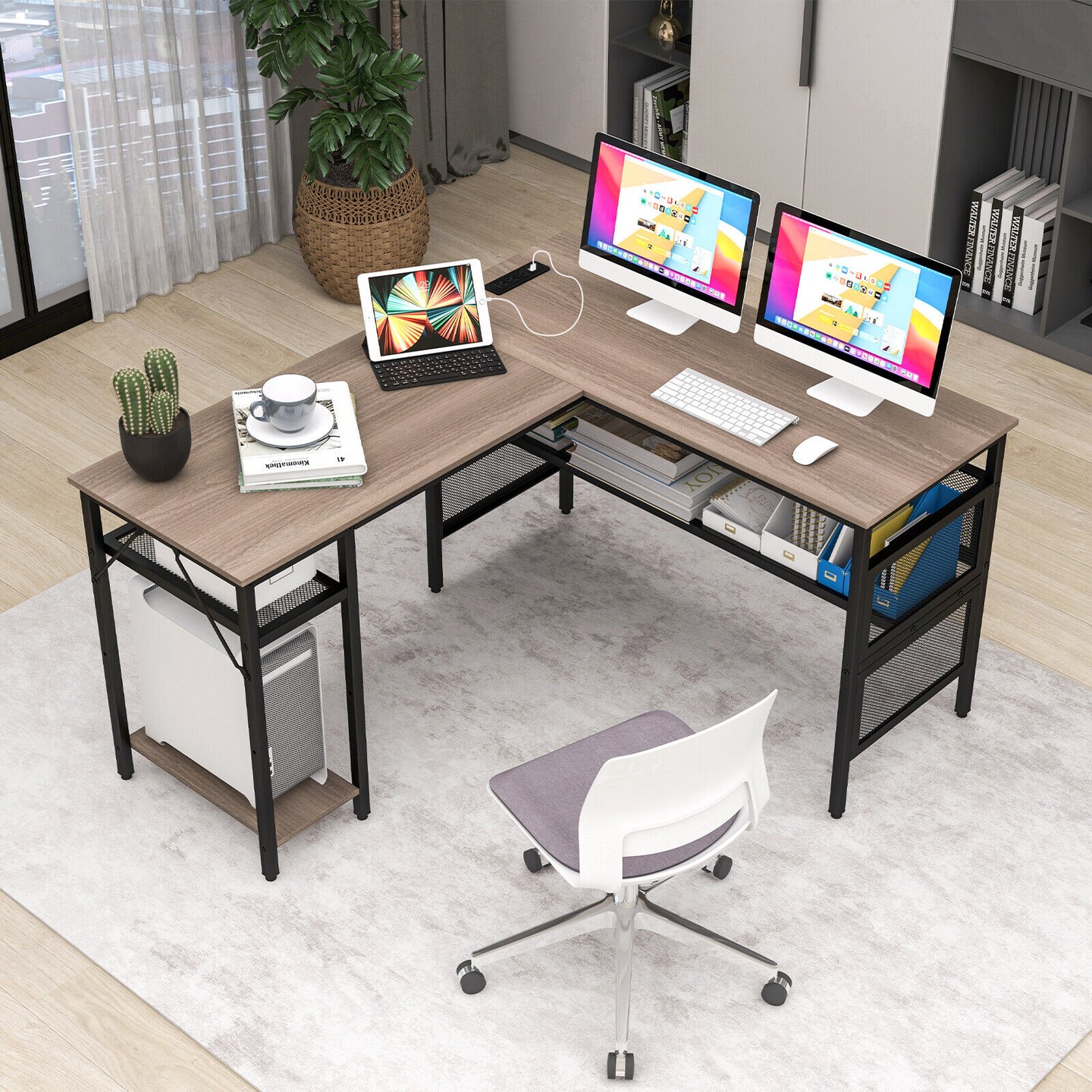 L-shaped Computer Desk With Charging Station And Adjustable Shelf-Grey