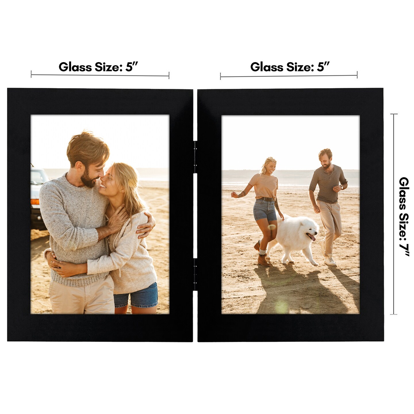 Americanflat Tri-Folding Picture Frame - Displays Two Photos at Once - Double Hinged Picture Frame - Shatter Resistant Glass - Tabletop Display Picture Frame - Black