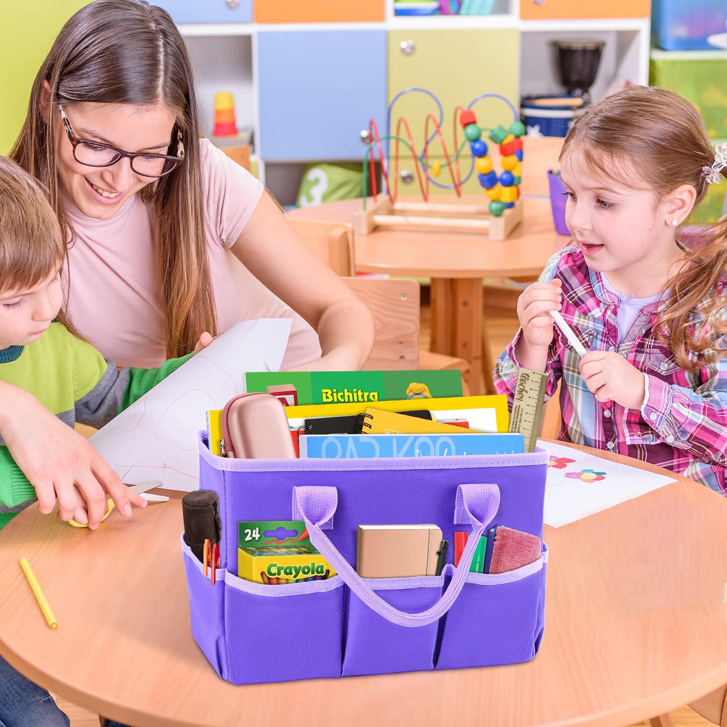 Art Organizer Desktop Craft Storage Tote Bag Organizer for Crafts, Sewing, Paper, Art, Canvas, Supplies Storage Organization with Handles for Travel or Daily Use (Purple, Small)