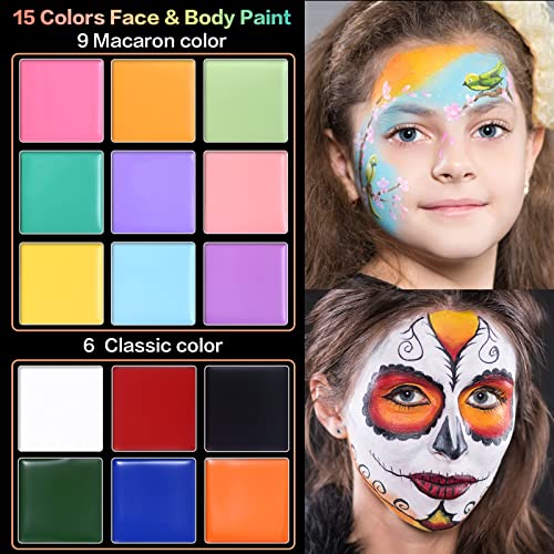 15 Colors Macaron Face Body Paint Set, Painting Palette Makeup Kit + 10pc Colorful Artist Brushes, Oil Base Paint Set for Halloween, Cosplay, Parties and SFX Costume