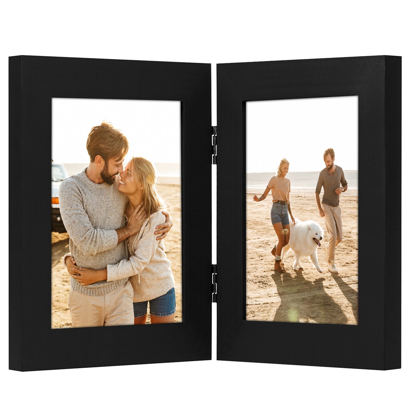 Americanflat Tri-Folding Picture Frame - Displays Two Photos at Once - Double Hinged Picture Frame - Shatter Resistant Glass - Tabletop Display Picture Frame - Black