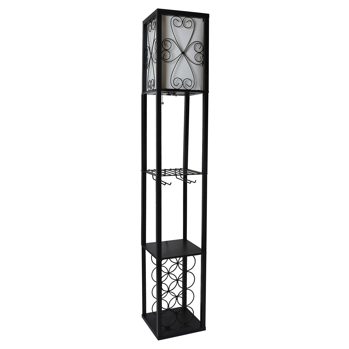 Simple Designs Floor Lamp Etagere Organizer Storage Shelf and Wine Rack with Linen Shade