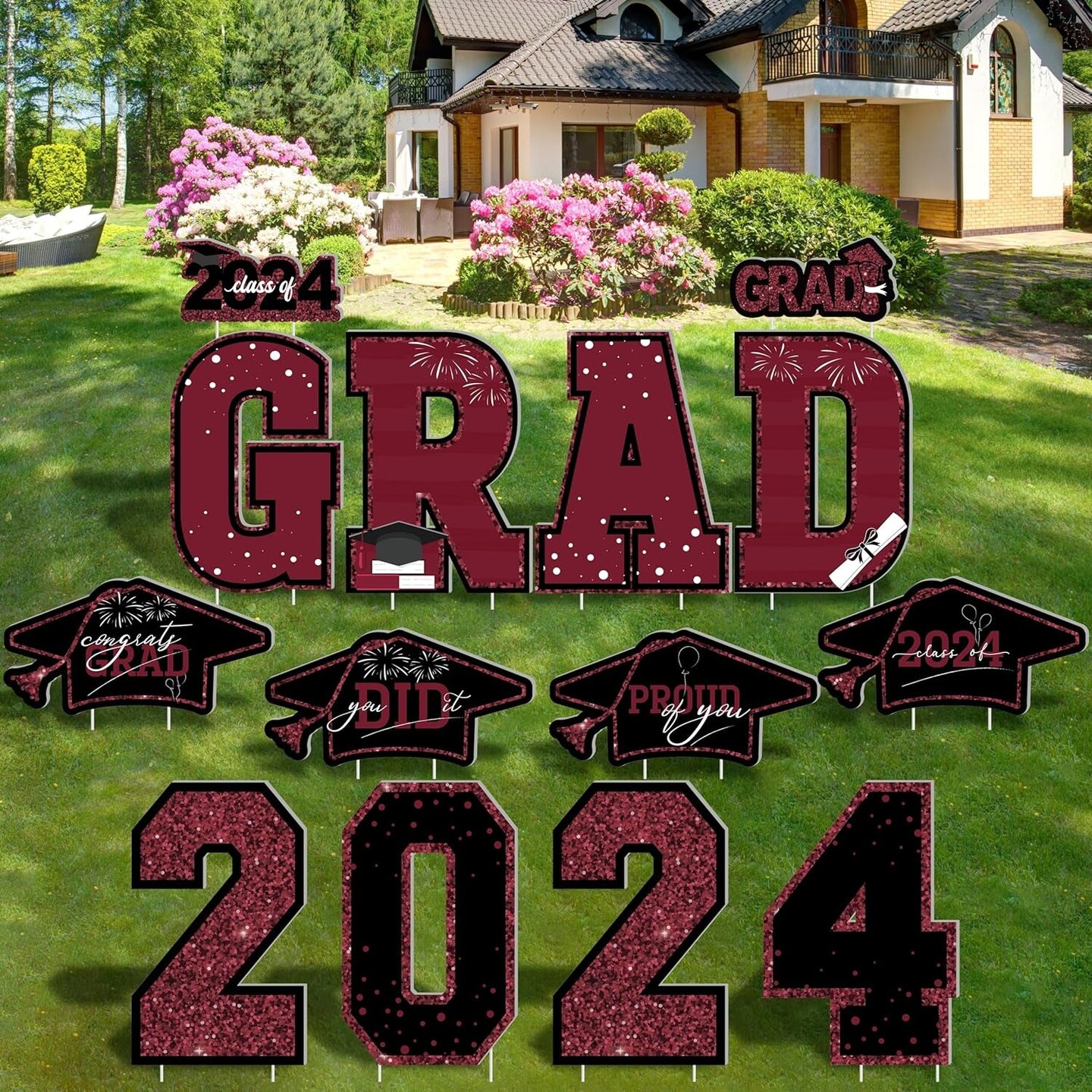 Graduation Yard Sign, 14 PCS Black Gold Large Congrats Grad Lawn Stakes