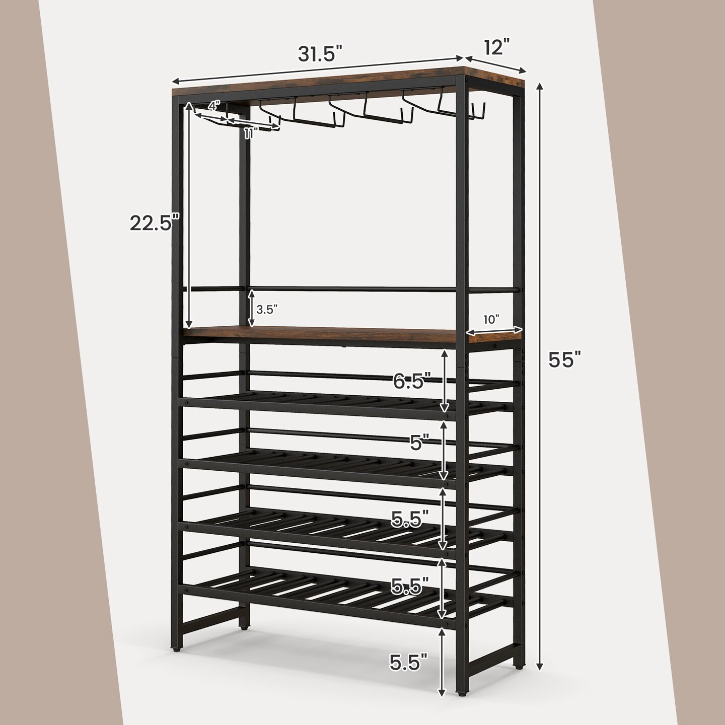 Freestanding Wine Bakers Rack With 4-tier Wine Storage and 4 Rows of Stemware Racks