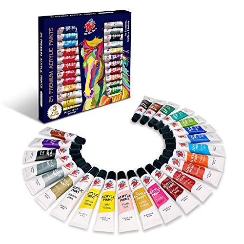 24 Vibrant Colors(12ml/0.4oz Tubes) Basic and Metallic Acrylic Paints for Artists, Ideal Acrylic Art Set for Canvas, Wood