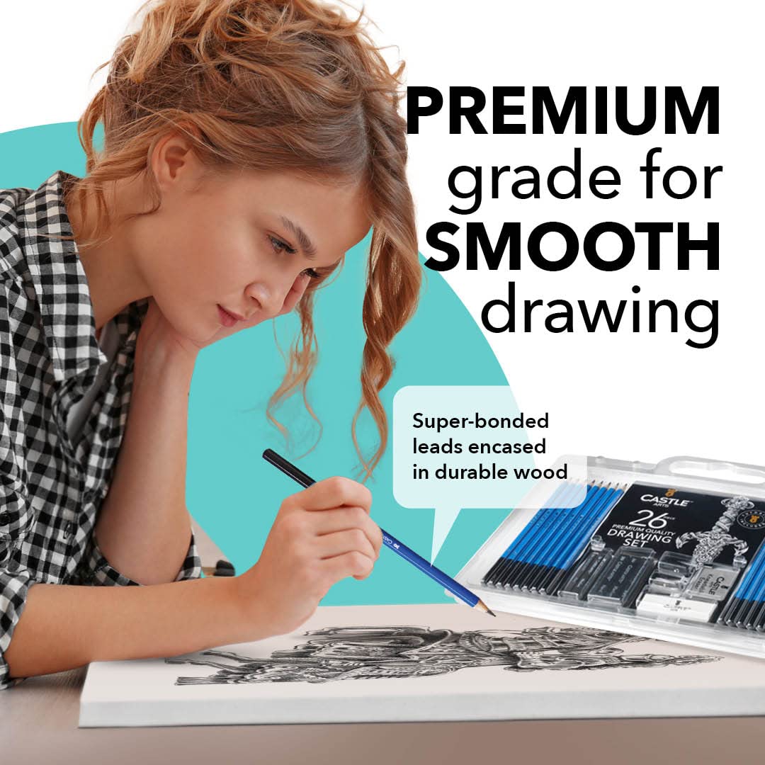 26 Pieces Premium Drawing and Sketching Set | For Artists, Professionals or Beginners | Pencils, Charcoal, Graphite and More | Arranged in Carry-Anywhere Clamshell Case