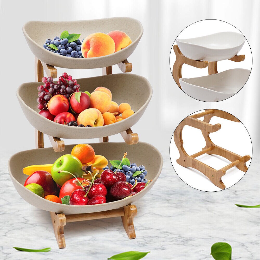 Kitcheniva 3 Tier Wooden Cake Stand Ceramic Fruit Tray