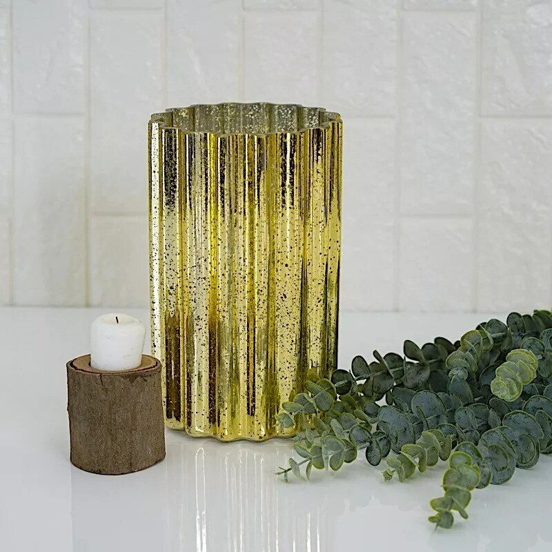 GOLD 9&#x22; Wavy Design Mercury GLASS Hurricane CANDLE HOLDER