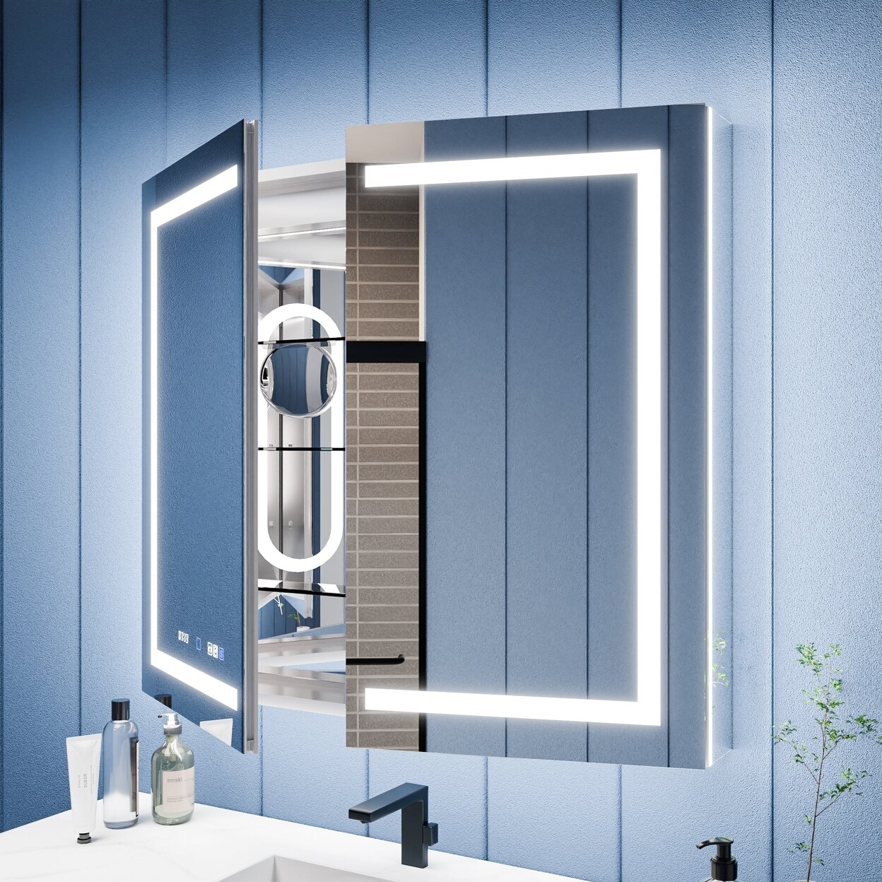 ExBrite LED Lit Inset Mirrored Medicine Cabinet with Magnifiers Medicine