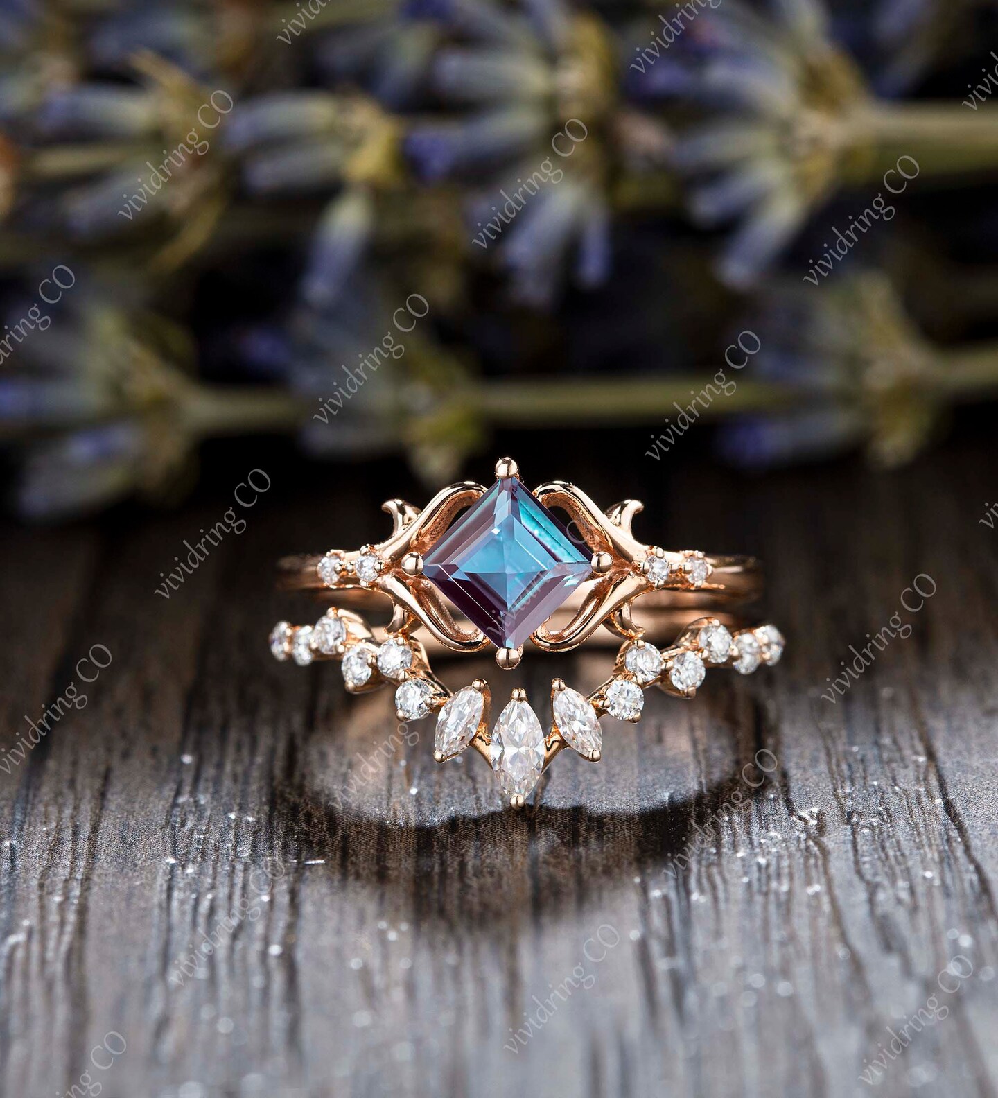 Princess cut lab alexandrite ring set Moissanite engagement ring Curved Solid gold cubic zirconia bridal ring anniversary wedding band product 3