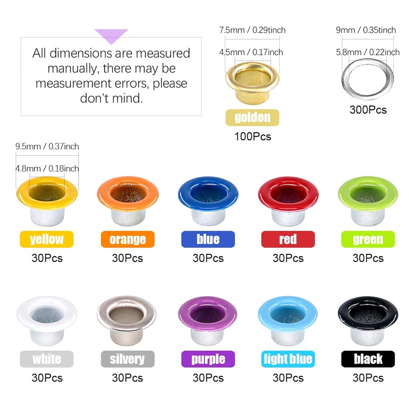 300Pcs 10 Colors 3/16 inch Metal Grommets Kit and 1Pcs Eyelet Hole Punch Pliers with 100Pcs Gold Grommets, Metal Eyelets Kits Shoe Eyelets Grommet Sets for Leather Fabric Belt Clothes