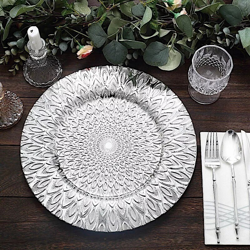 SILVER 6 Plastic 13" Round CHARGER PLATES Embossed Peacock Pattern