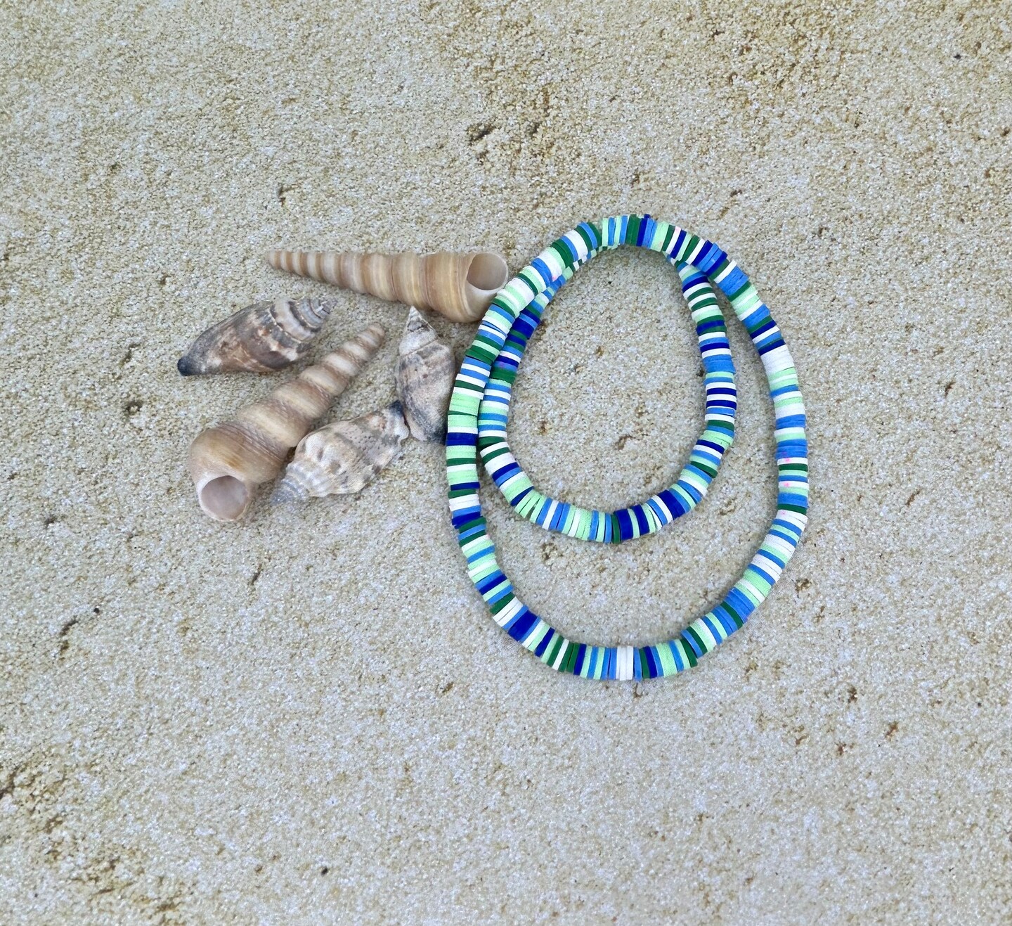 Copy-Light Green, Dark Green, Blue, and White Heishi Clay BRACELET