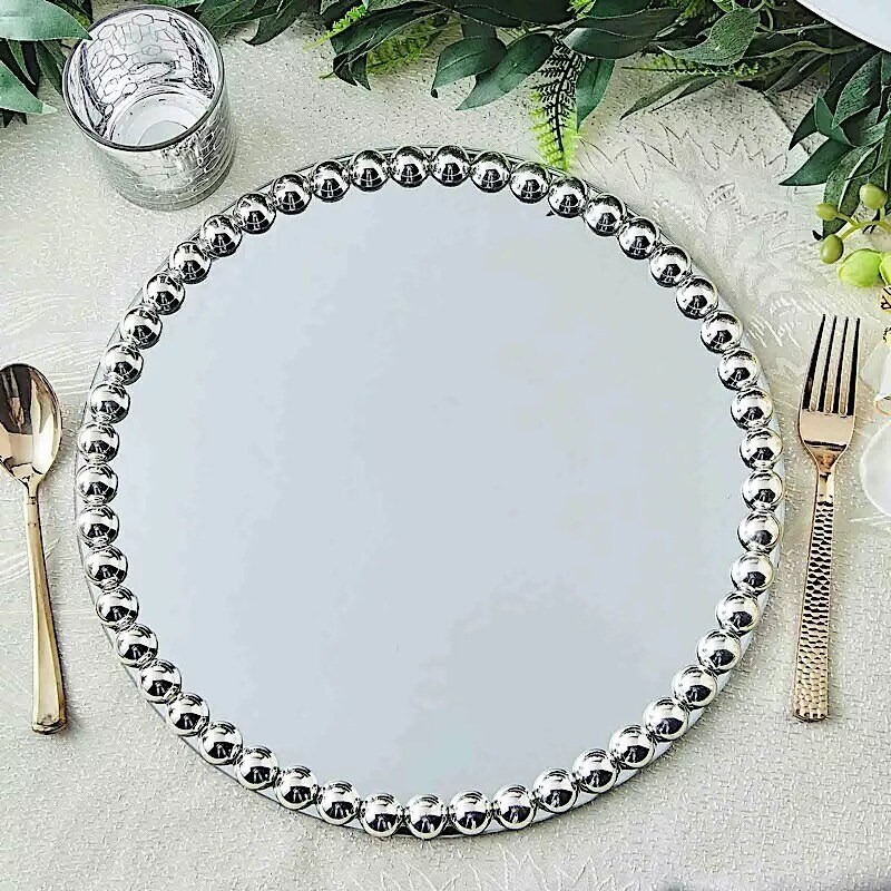 2 SILVER 13&#x22; Round Mirror Glass Charger Plates with Pearl Rim