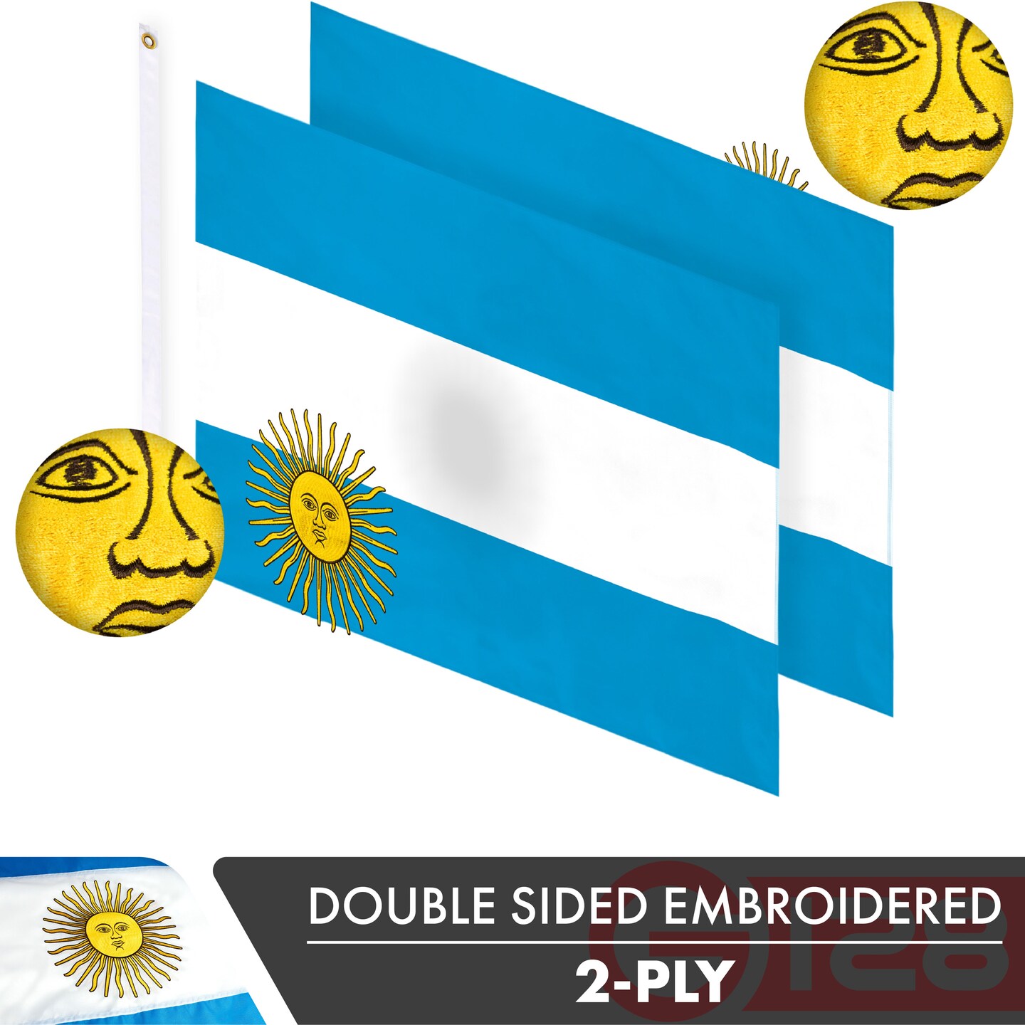 G128 Argentina (Argentinian) Flag | 3x5 feet | Double Sided Embroidered 210D &#x201C; Indoor/Outdoor, Brass Grommets, Heavy Duty Polyester