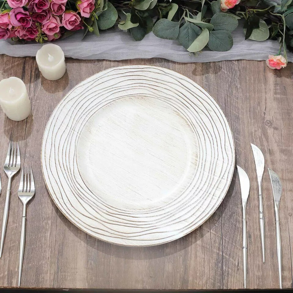 WHITE 6 Round 13&#x22; Rustic Wooden Plastic CHARGER PLATES
