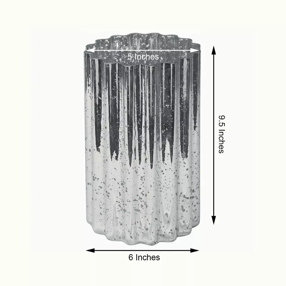 SILVER 9&#x22; Wavy Design Mercury GLASS Hurricane CANDLE HOLDER