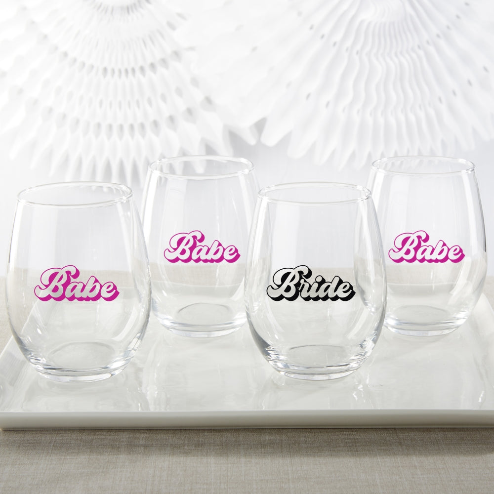 15 oz. Stemless Wine Glass - Retro Bride &#x26; Babe (Set of 4)