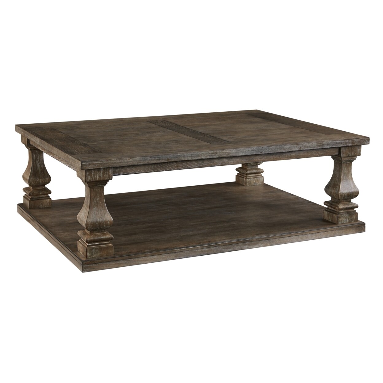 Saltoro Sherpi Classic 54 Inch Coffee Table, Baluster Legs, Spacious Top, Weathered Gray-