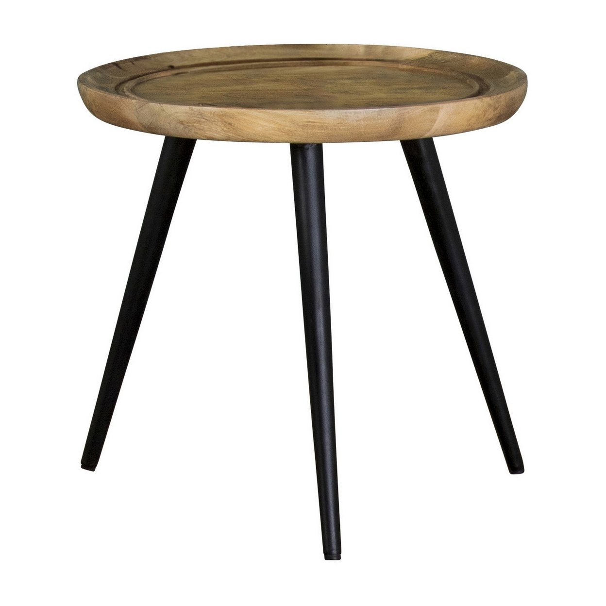 Saltoro Sherpi Piyo 22 Inch Round End Table, Raised Edge Wood Top, Tripod Black Iron Legs-