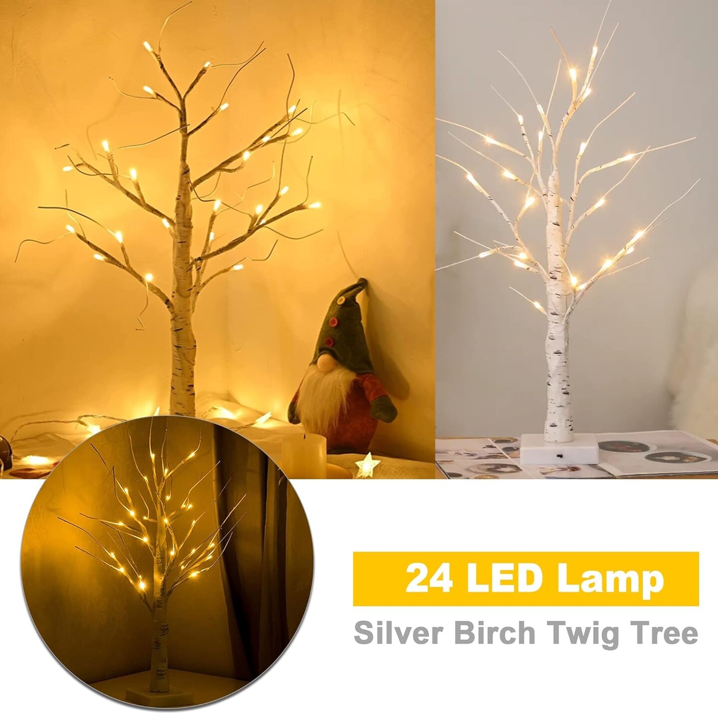 24&#x22; Pre-lit Christmas White Birch Tree with 24 LED Lights Battery Operated Table Centerpiece for Christmas Decorations. Spring Decoration for Indoor Use