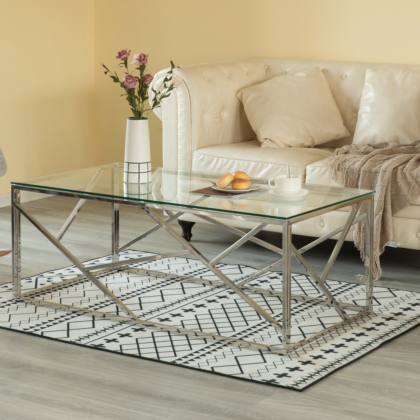 Decorative Rectangular Glass Top Metal Modern Coffee Table