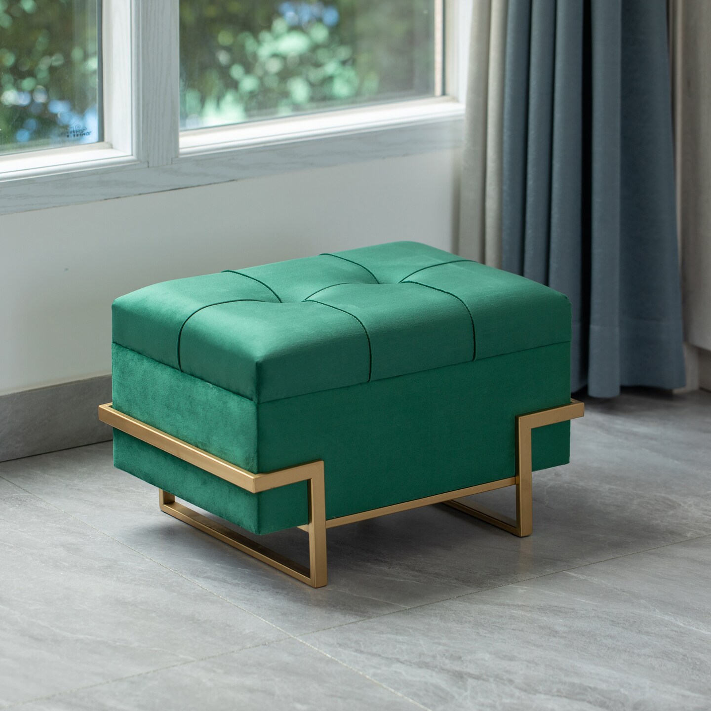 Rectangle Velvet Storage Ottoman Stool Box with Abstract Golden Legs | Decorative Sitting Bench for Living Room Home Decor with Unique Base Support